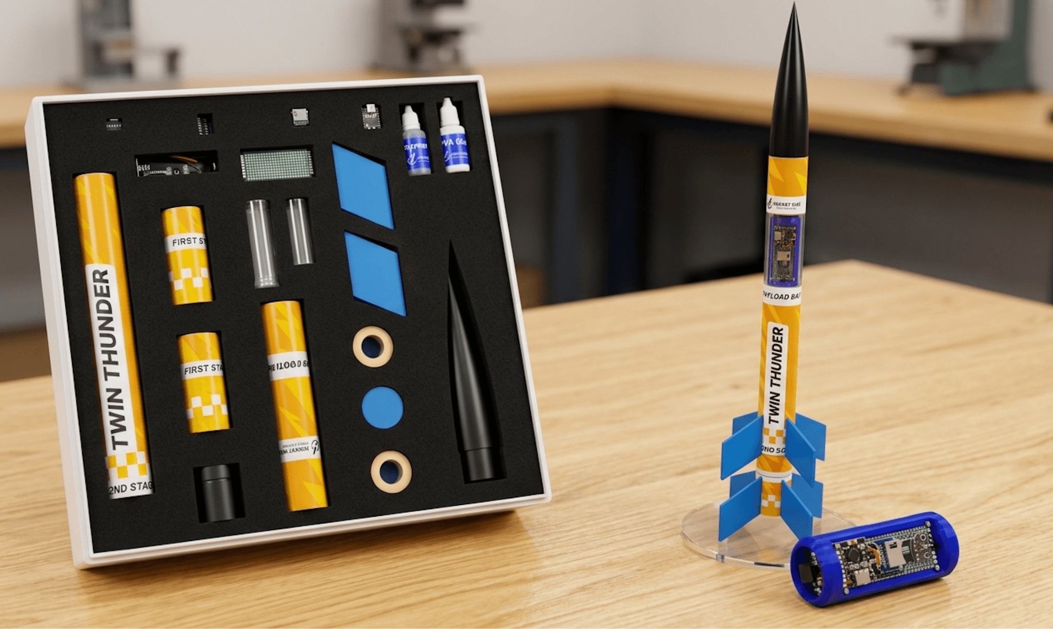 RocketRise Twin Thunder — сборная двухступенчатая модель ракеты, тип 9 (высота 701 м)